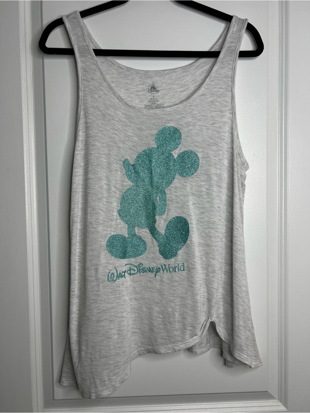 Disney Parks Gray Teal Glitter Mickey Mouse Asymmetric Twist Tank L